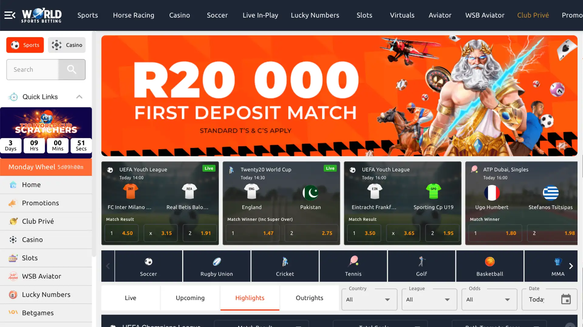 World sports betting homepage